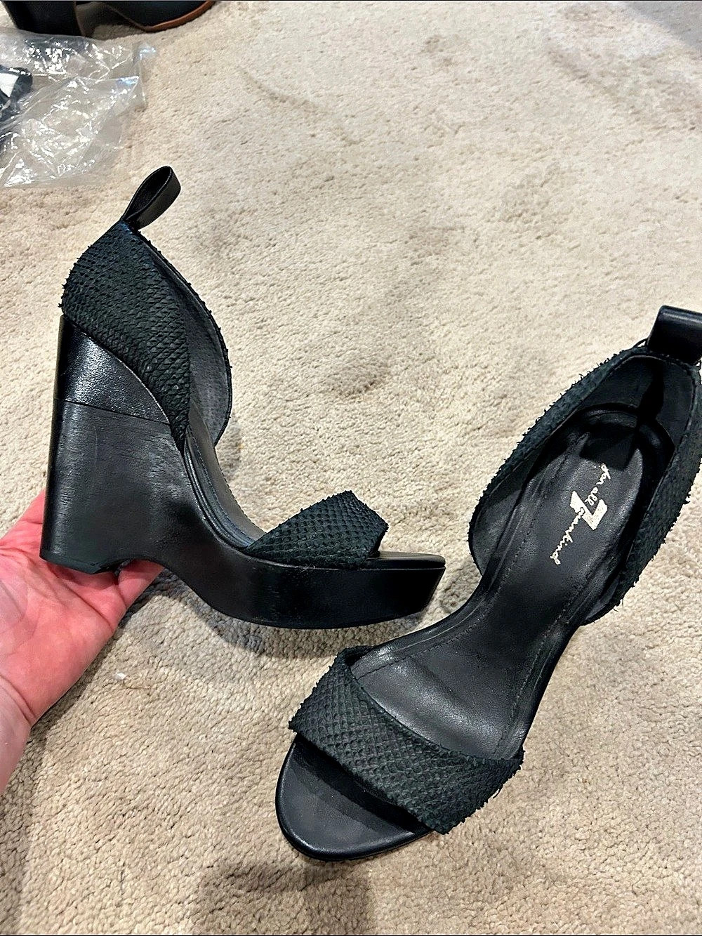 7 For All Mankind Black Wedge Sandals